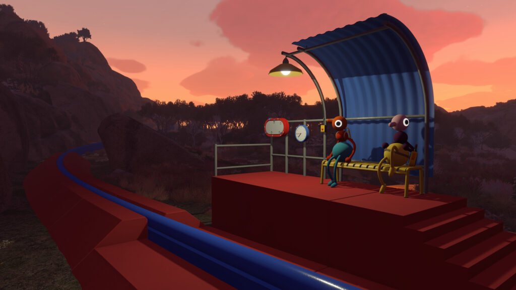 Two Big Walk characters sitting on a platform bench at sunset